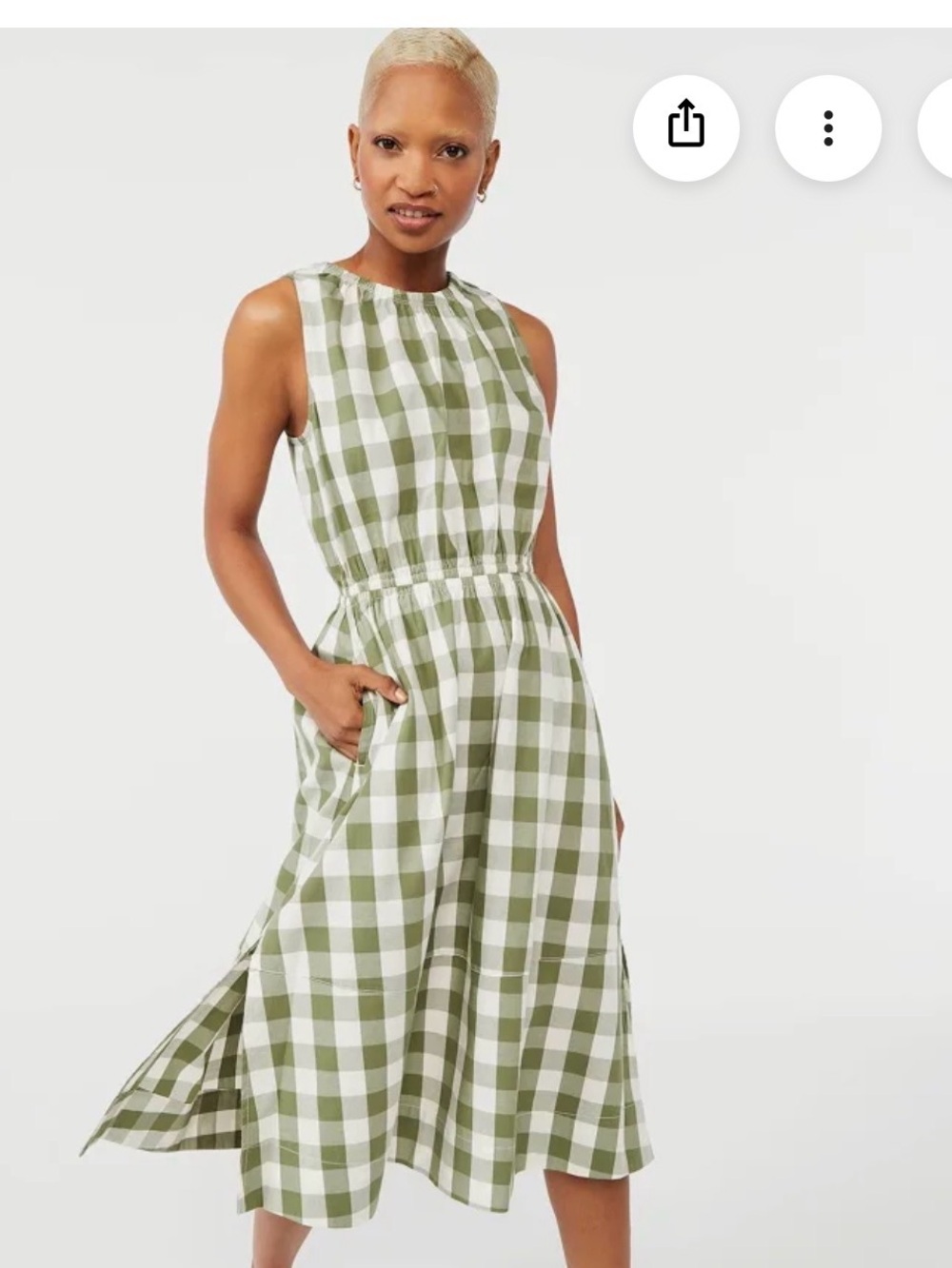 Sleeveless Olive Gingham Midi Dress with Elastic Waist